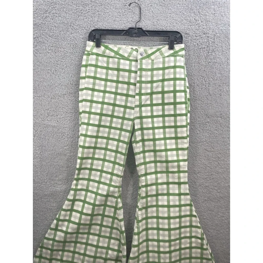 New Free People Float on Flare Green Plaid High Rise Wide Leg Flare Jeans - Picture 3 of 6
